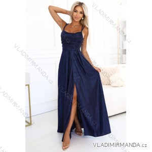 589-2 Long dress with subtle shimmer and corset back tie - navy blue with glitter