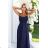 589-2 Long dress with subtle shimmer and corset back tie - navy blue with glitter