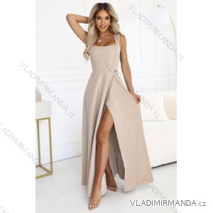 633-1 AURELIA long dress with a slit and a diamond neckline - beige with glitter