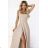 633-1 AURELIA long dress with a slit and a diamond neckline - beige with glitter