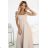 633-1 AURELIA long dress with a slit and a diamond neckline - beige with glitter