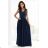 215-6 LEA long elegant maxi dress with lace top and slit on the leg - navy blue