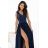 215-6 LEA long elegant maxi dress with lace top and slit on the leg - navy blue
