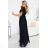 635-2 MELANIA long, shiny dress with a neckline and short sleeves - black