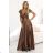 411-14 CRYSTAL satin long dress with a neckline - mocha mousse