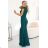 598-2 IRINA dazzling long dress with brocade, envelope neckline and slit on the leg - bottle green
