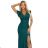 598-2 IRINA dazzling long dress with brocade, envelope neckline and slit on the leg - bottle green
