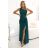 600-2 SELENA shimmering long one-shoulder dress with a slit - green with glitter
