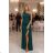 600-2 SELENA shimmering long one-shoulder dress with a slit - green with glitter