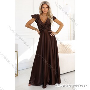 411-15 CRYSTAL satin long dress with a neckline - chocolate