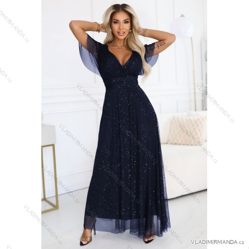 635-3 MELANIA long, shiny dress with a neckline and short sleeves - navy blue