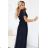 635-3 MELANIA long, shiny dress with a neckline and short sleeves - navy blue