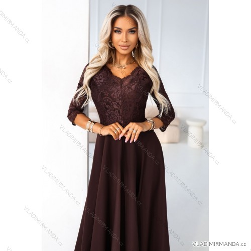 309-14 AMBER elegant long lace dress with a neckline - chocolate