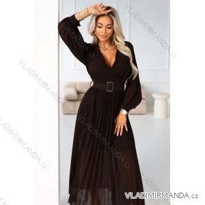 414-11 KLARA elegant pleated midi dress with a belt and neckline - chocolate