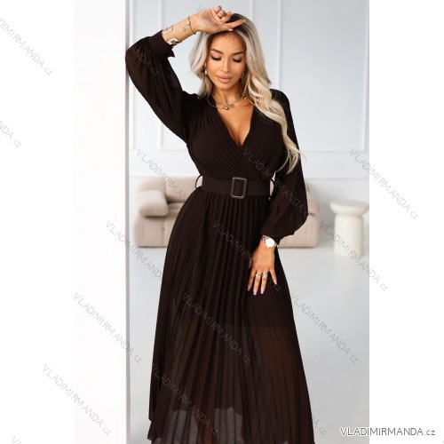414-11 KLARA elegant pleated midi dress with a belt and neckline - chocolate