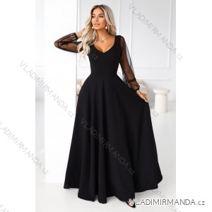 640-2 LORETTA unique long dress with tulle sleeves and neckline - black