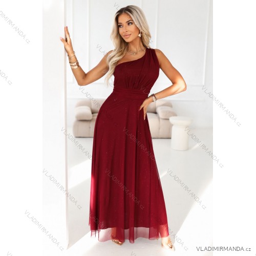 656-1 Long, shiny, one-shoulder evening dress - burgundy