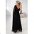 655-1 Long, shimmering dress with a neckline and transparent sleeves - black