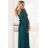 655-2 A long, shimmering dress with a plunging neckline and sheer sleeves - emerald green