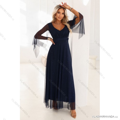 655-3 A long, shimmering dress with a neckline and transparent sleeves - navy blue