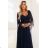 655-3 A long, shimmering dress with a neckline and transparent sleeves - navy blue