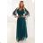 654-1 Long, shimmering plus-size dress with a scoop neckline and sheer sleeves - bottle green