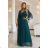 654-1 Long, shimmering plus-size dress with a scoop neckline and sheer sleeves - bottle green