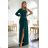 658-2 Shimmering glitter one-shoulder maxi dress with asymmetric sleeves and slit - bottle green