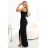 658-1 Shimmering glitter one-shoulder maxi dress with asymmetric sleeves and slit - black