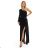 658-1 Shimmering glitter one-shoulder maxi dress with asymmetric sleeves and slit - black