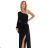 658-1 Shimmering glitter one-shoulder maxi dress with asymmetric sleeves and slit - black