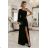 658-1 Shimmering glitter one-shoulder maxi dress with asymmetric sleeves and slit - black