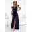 660-1 Elegant maxi dress with ruffles, a deep neckline and a slit on the leg - navy blue