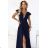 660-1 Elegant maxi dress with ruffles, a deep neckline and a slit on the leg - navy blue