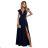 660-1 Elegant maxi dress with ruffles, a deep neckline and a slit on the leg - navy blue