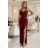 647-1 Fitted long maxi dress with a wrap neckline and slit - burgundy