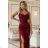 647-1 Fitted long maxi dress with a wrap neckline and slit - burgundy