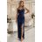 647-2 Fitted long maxi dress with a wrap neckline and slit - navy blue