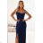 647-2 Fitted long maxi dress with a wrap neckline and slit - navy blue