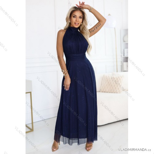 636-2 VERONICA luxurious long dress with a brocade accent and a chic cut - navy blue