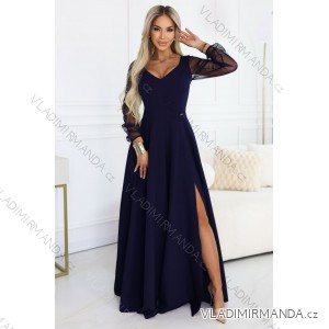 640-3 LORETTA unique long dress with tulle sleeves and neckline - navy blue