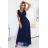 637-3 Long evening dress with a brocade accent and a deep neckline - navy blue