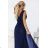 637-3 Long evening dress with a brocade accent and a deep neckline - navy blue