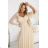 655-4 A long, shimmering dress with a plunging neckline and sheer sleeves - champagne beige
