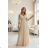 655-4 A long, shimmering dress with a plunging neckline and sheer sleeves - champagne beige