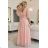 654-4 Long Shimmering Plus Size Dress with Neckline and Transparent Sleeve - Peach