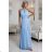 662-1 Elegant Evening Maxi Halter Dress with Tulle and Waist Tie - Light Blue