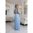 662-1 Elegant Evening Maxi Halter Dress with Tulle and Waist Tie - Light Blue