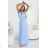 662-1 Elegant Evening Maxi Halter Dress with Tulle and Waist Tie - Light Blue