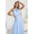 662-1 Elegant Evening Maxi Halter Dress with Tulle and Waist Tie - Light Blue